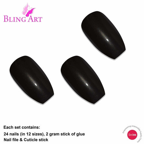 False Nails by Bling Art Black Glitter Ballerina Coffin Fake Long