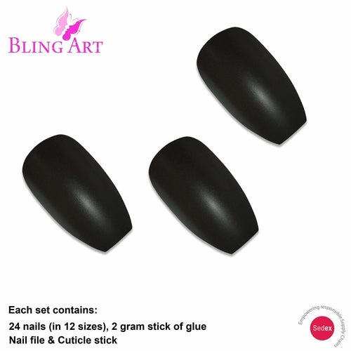 False Nails by Bling Art Black Matte Metallic Ballerina Coffin Fake