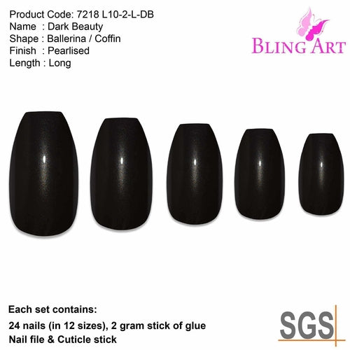 False Nails by Bling Art Black Glitter Ballerina Coffin Fake Long