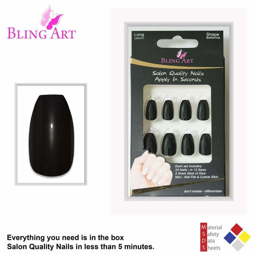 False Nails by Bling Art Black Glitter Ballerina Coffin Fake Long