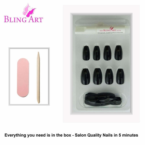 False Nails by Bling Art Black Glitter Ballerina Coffin Fake Long