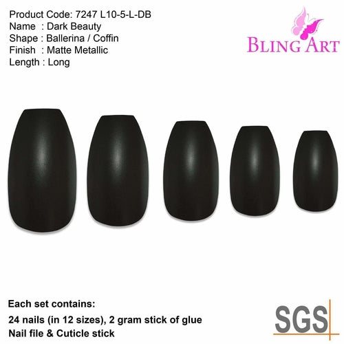 False Nails by Bling Art Black Matte Metallic Ballerina Coffin Fake