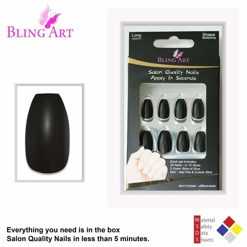 False Nails by Bling Art Black Matte Metallic Ballerina Coffin Fake