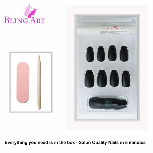 False Nails by Bling Art Black Matte Metallic Ballerina Coffin Fake