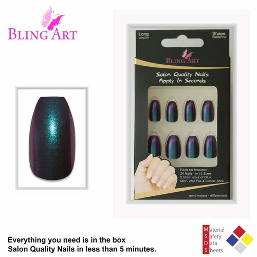 False Nails by Bling Art Green Purple Chameleon Ballerina Coffin 24