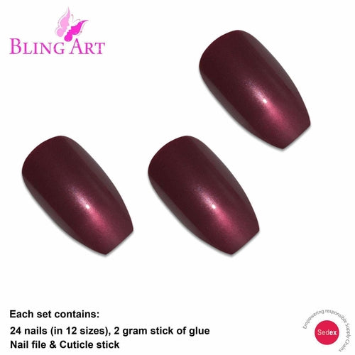 False Nails by Bling Art Red Brown Glitter Ballerina Coffin 24 Fake