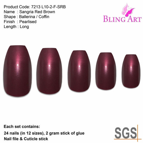 False Nails by Bling Art Red Brown Glitter Ballerina Coffin 24 Fake