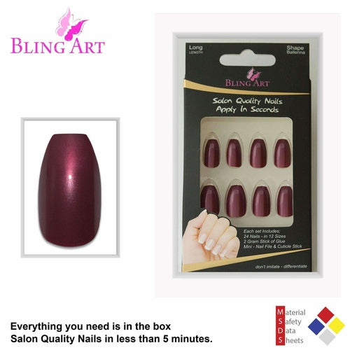 False Nails by Bling Art Red Brown Glitter Ballerina Coffin 24 Fake