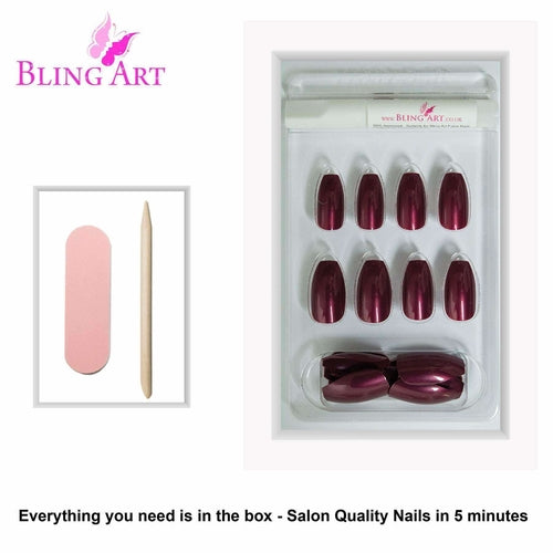 False Nails by Bling Art Red Brown Glitter Ballerina Coffin 24 Fake