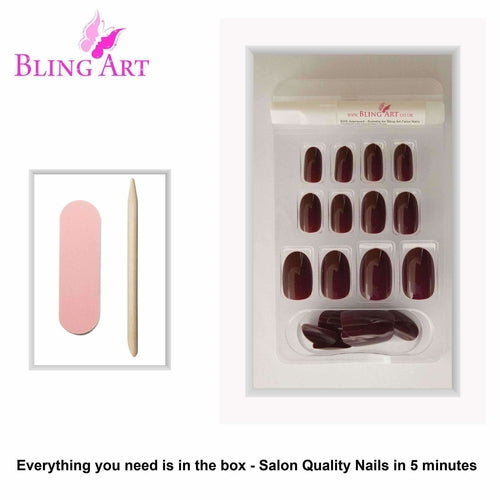 False Nails by Bling Art Red Brown Polished Oval Medium Fake Acrylic